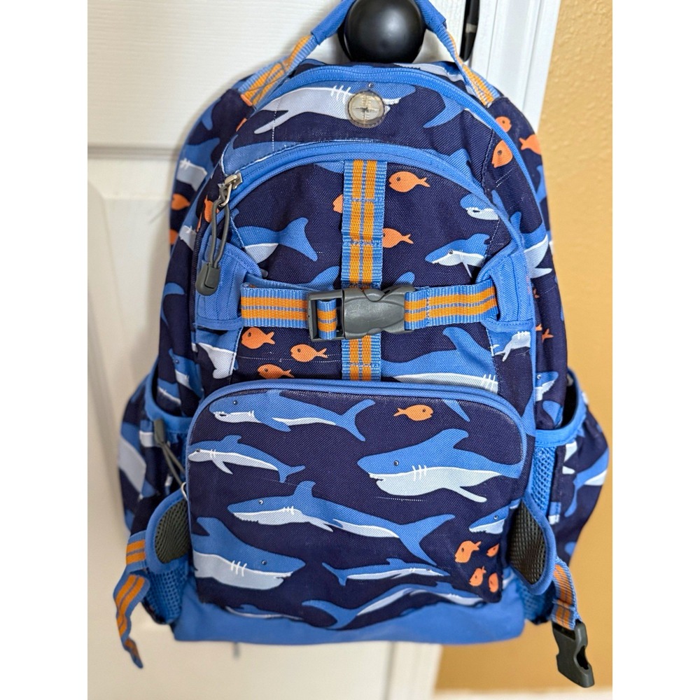 Pottery Barn Kids Blue Shark Print Small Polyester Backpack Padded Outer Pockets